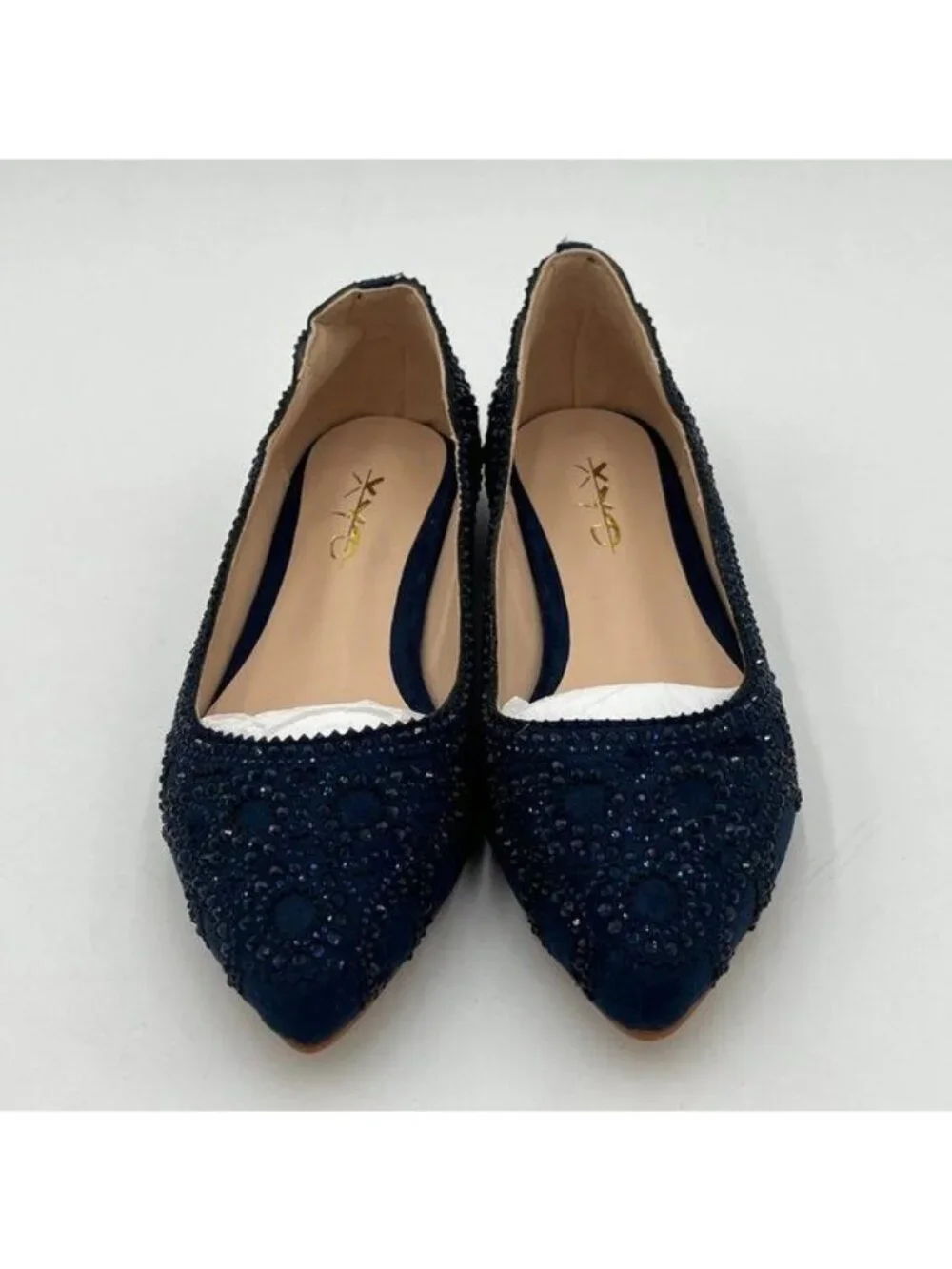 XYD Navy Pointed Toe Rhinestone Flats Mesh Slip On Low Heel Crystal Dress Shoes
